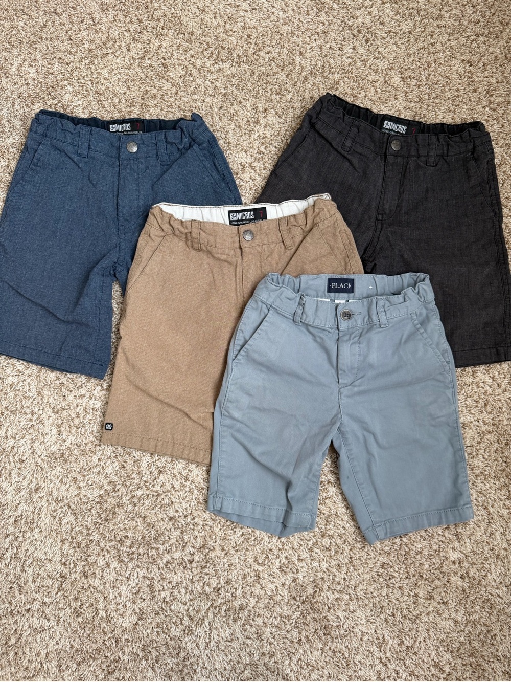 Micros (3 pair) plus Place (1 pair) Boys Adjustable Waist Shorts - 4 pack bundle